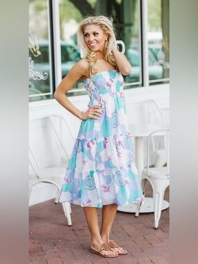 J. Marie Mia Rae Strapless Patterned Tiered Midi Dress Size S Blue and Purple